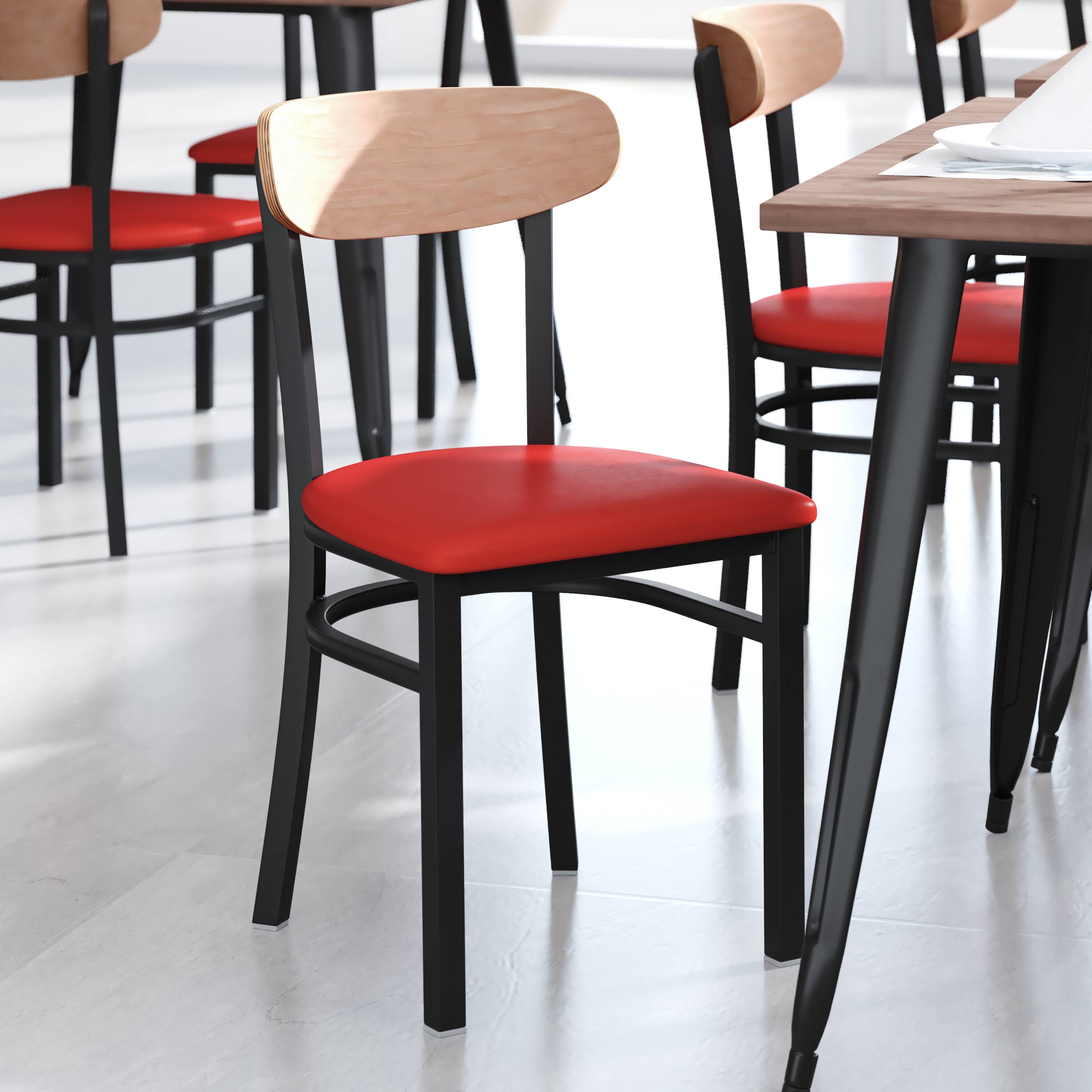 Alt View 1. Emma + Oliver - Yara Industrial Dining Chair with Rolled Steel Frame and Solid Wood Seat - 500 lbs. Static Weight Capacity - Natural Birch Wood Back/Red Vinyl Seat.