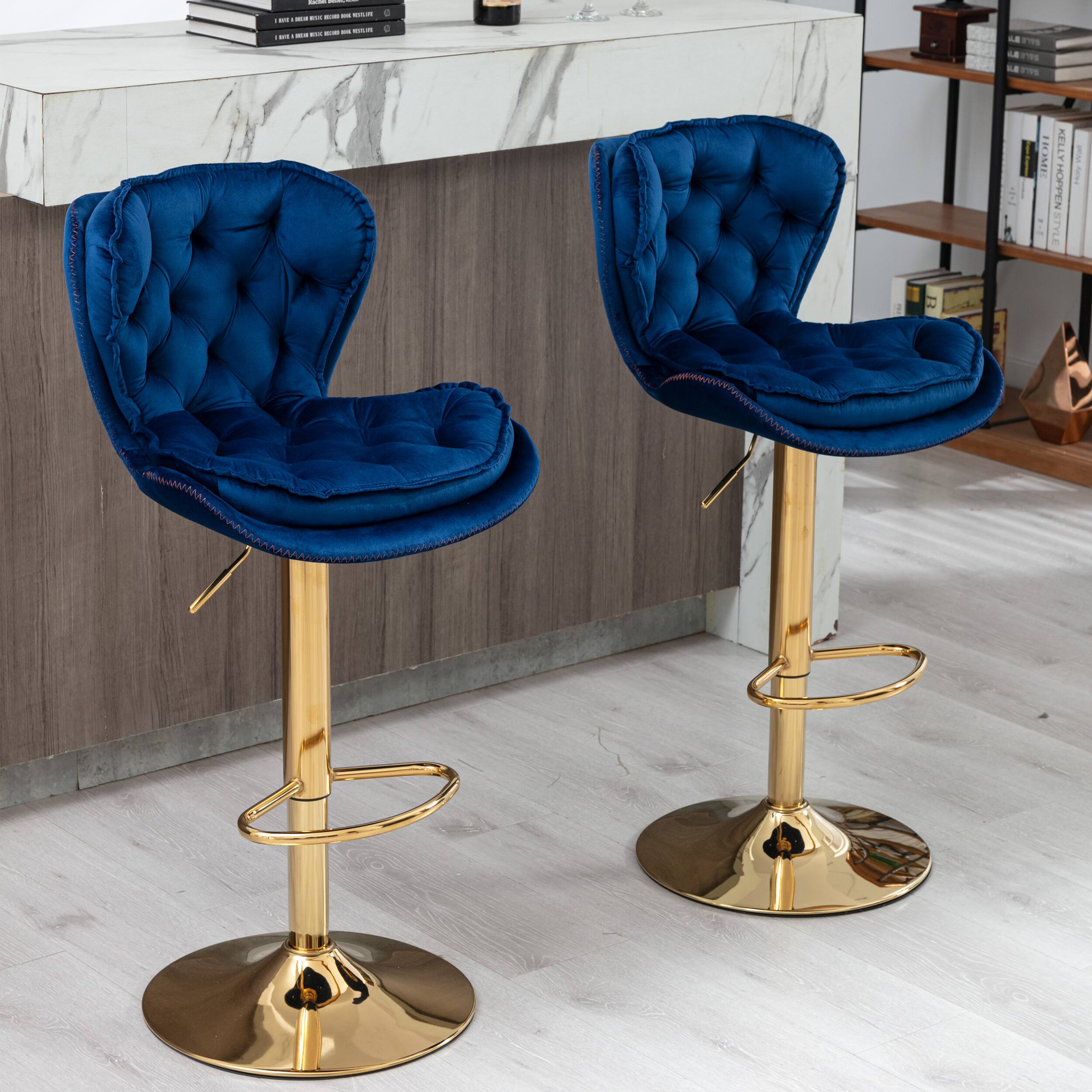 Trinkets Crazed - Bar Stools Set of 2, Velvet Counter Height Adjustable Barstools, Upholstered Swivel Dining Bar Chairs - Navy