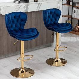 Trinkets Crazed - Bar Stools Set of 2, Velvet Counter Height Adjustable Barstools, Upholstered Swivel Dining Bar Chairs - Navy