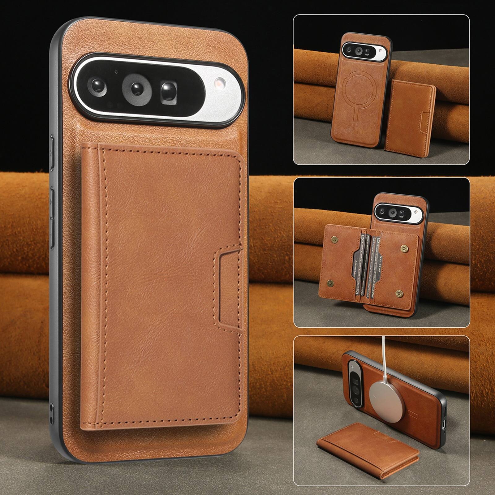 Left. Dteck - 2 in 1 Detachable Magnetic Case For Google Pixel 10 Pro XL, Shockproof 5 Card Slots Kickstand PU Leather Flip Cover - Brown.