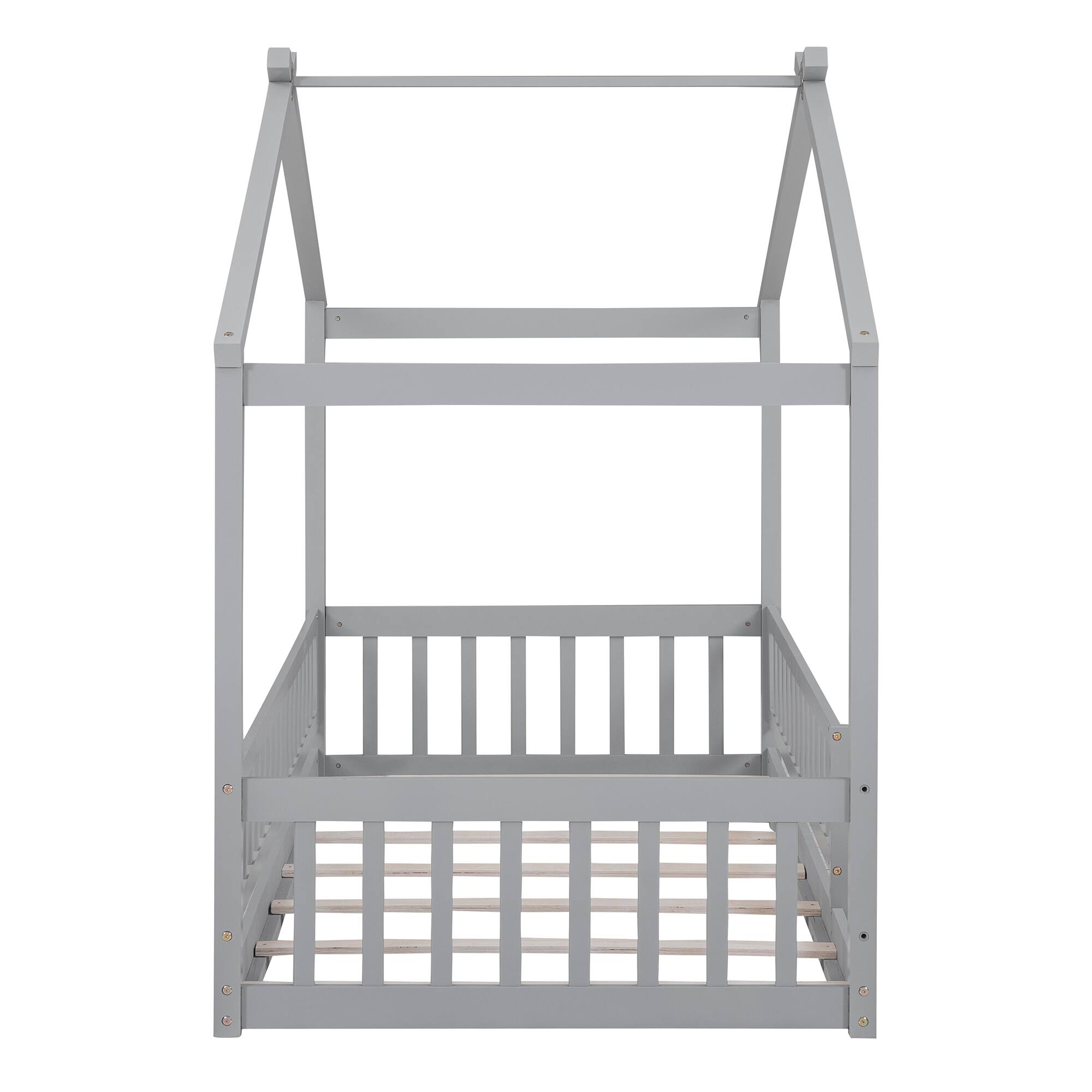 Left. Whisen - Twin Size Wood House Bed Frame with Fence for Kids and Teens - Gray.