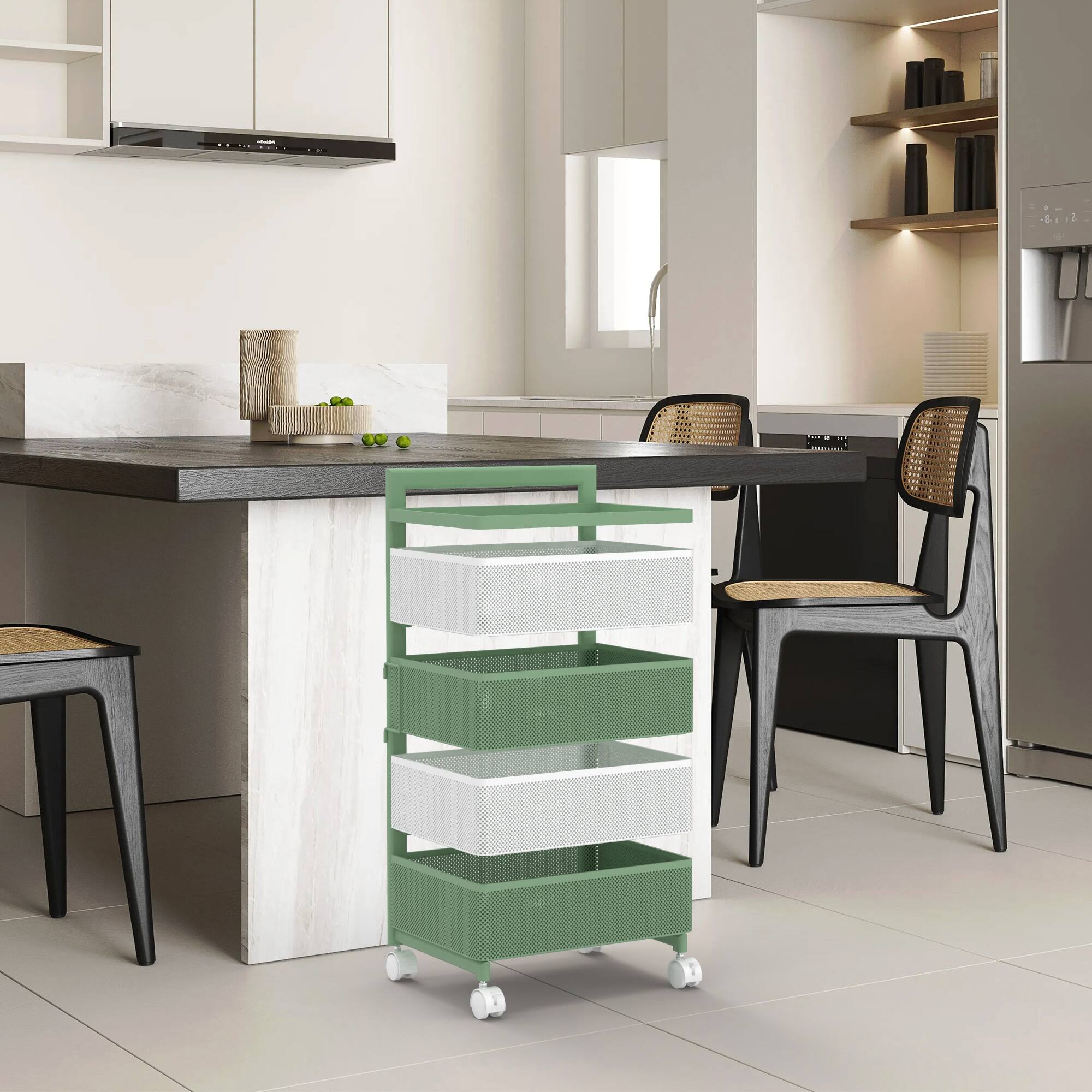 Alt View 4. Malletson - 5-Tier Rotating Kitchen Storage Cart with Wheels, Metal Mesh Organizer for Fruits, Vegetables, and Kitchen Supplies - White Green.