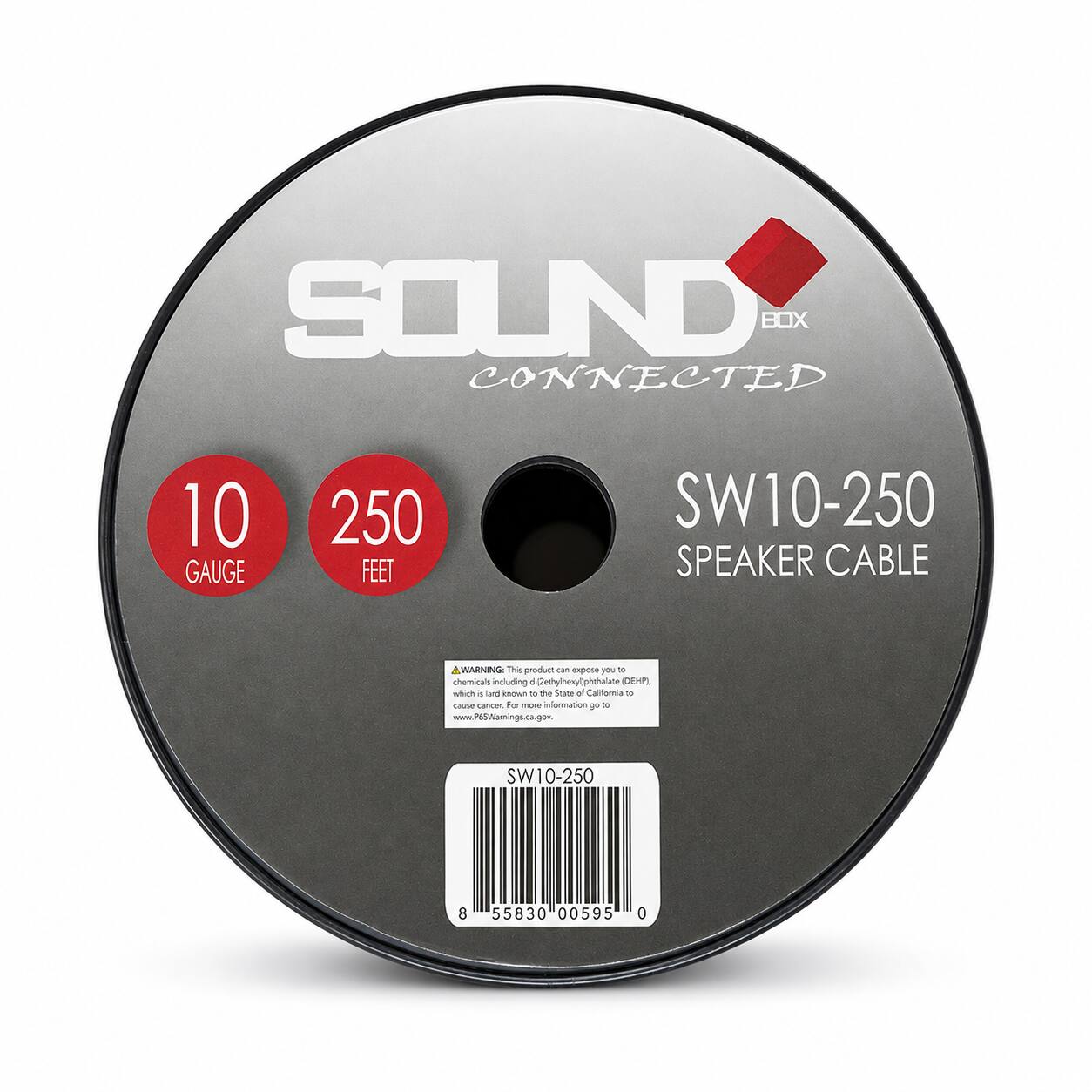 SOUND BOX CONNECTED  
10 GAUGE  
250 FEET  
SW10-250 SPEAKER CABLE  
WARNING: This product can expose you to chemicals including di(2-ethylhexyl)phthalate (DEHP), which is known to the State of California to cause cancer. For more information go to www.P65Warnings.ca.gov.  
SW10-250  
8 55830 00595 0
