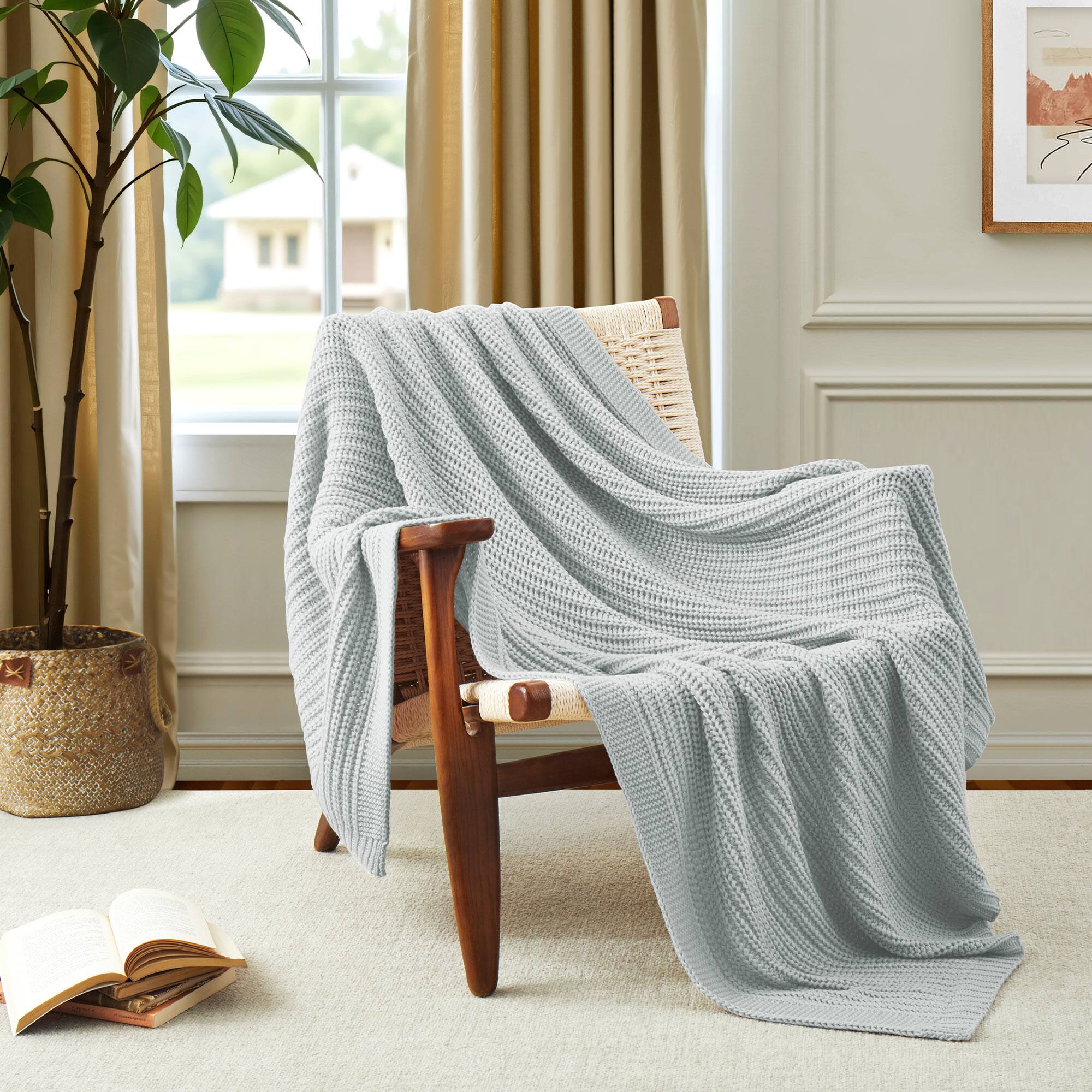 Front. Peace Nest - Peace Nest 50"x60" Chunky Knit Throw Blanket Warm Comfort Woven Blanket, Light Grey - Light Grey.