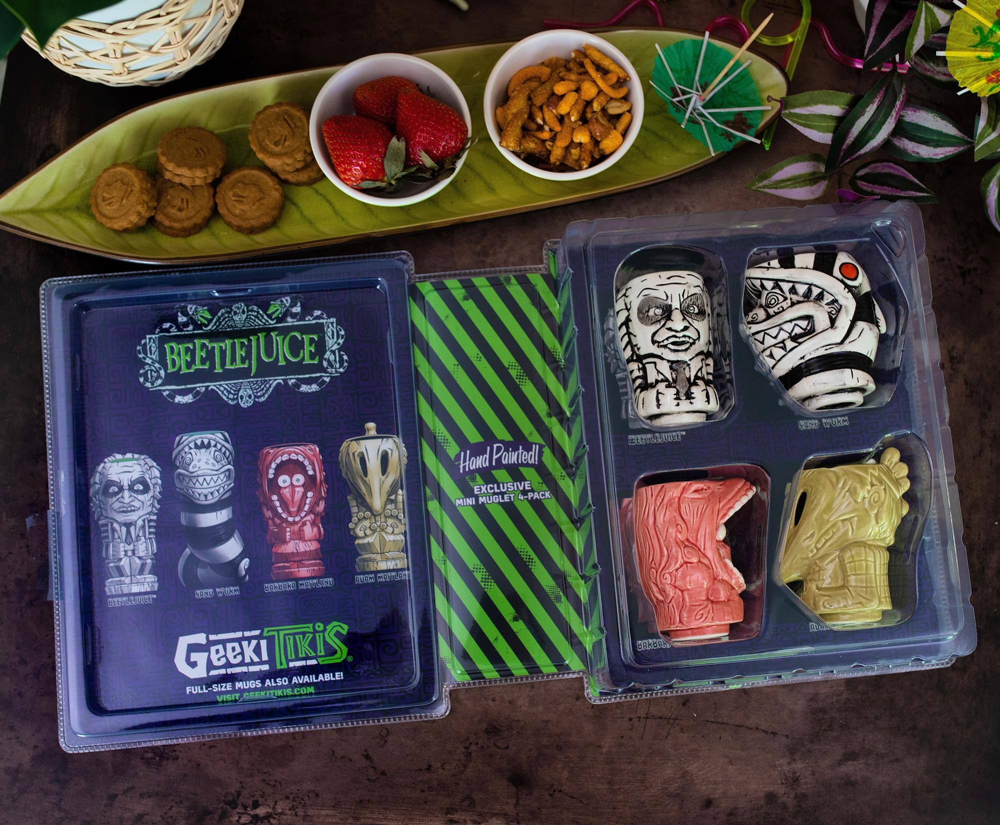 BEETLEJUICE Hand Painted! EXCLUSIVE MUGLET 4-PACK MINI LANZL CEsT W 3 BNECO CAN CADBAT CAANT - XX) Geeki TIKIS - MUGS ALSO AVAILABLE! FULL-SIZE CEEKITIKIS.COM VISIT Ok Brc