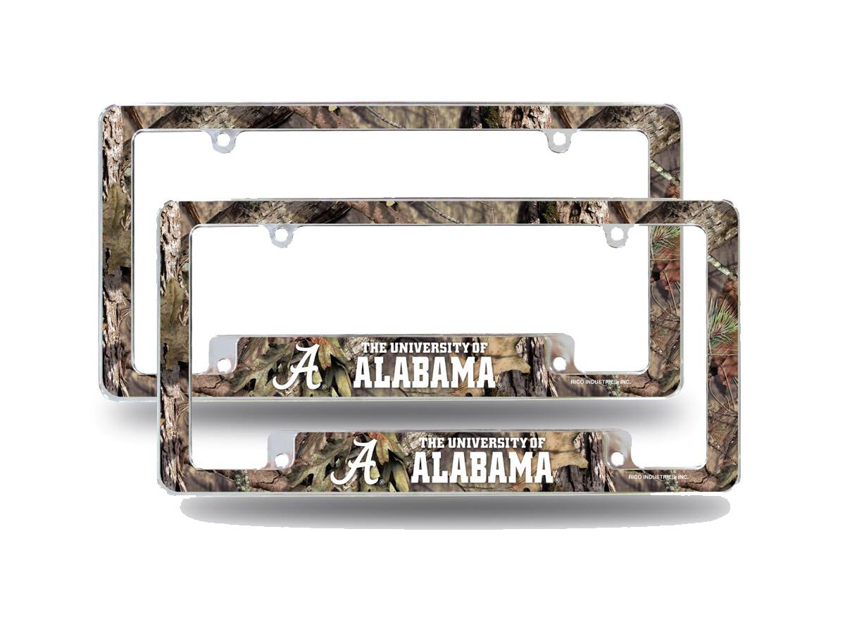 Alabama Crimson Tide Chrome Metal (Set of 2) License Plate Frames with Bold Mossy Oak Camouflaged Camo Design