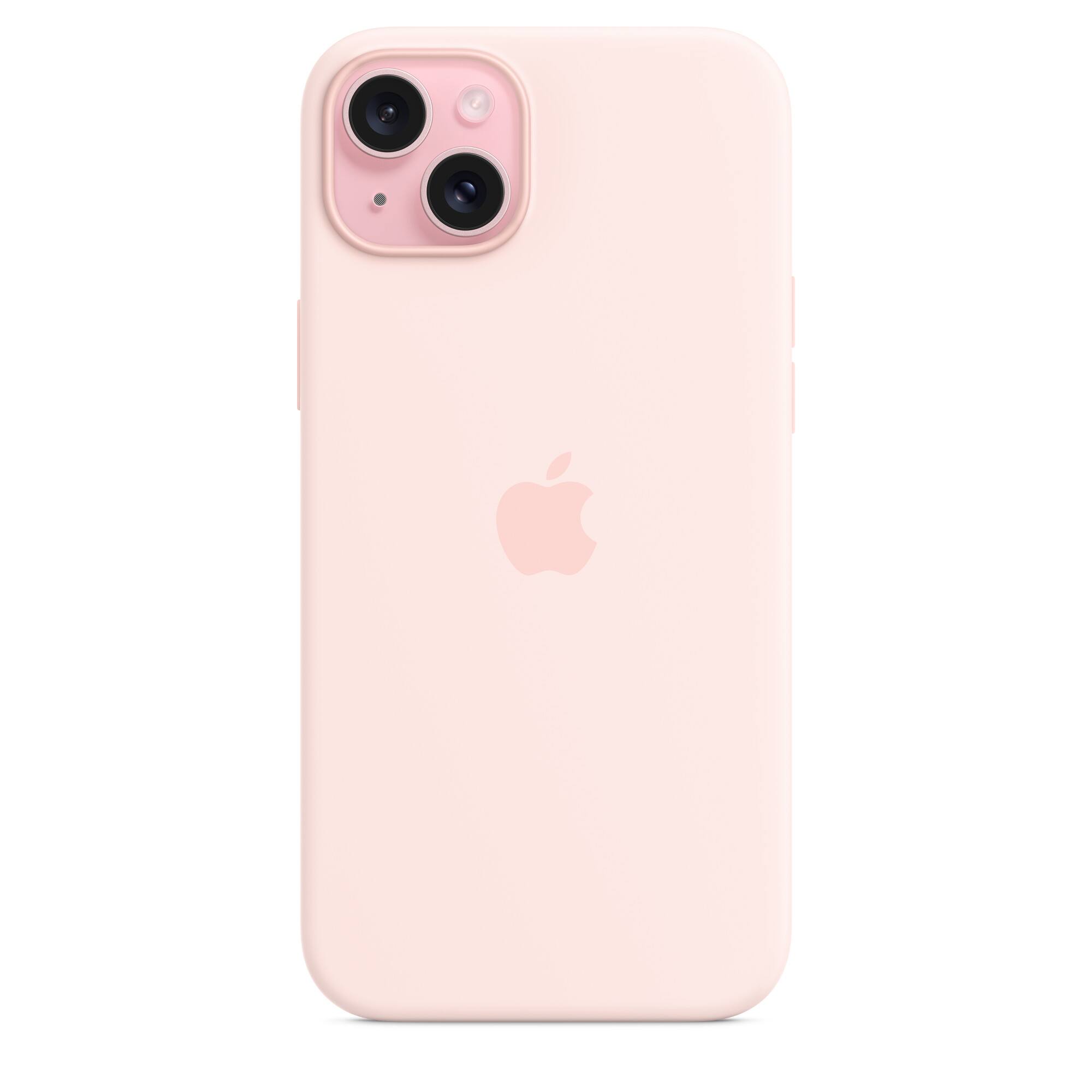 Angle. Apple - Apple Silicone Case with MagSafe for iPhone 15 Plus (A2847, A3093, A3094, A3096) - Light Pink - Light Pink.