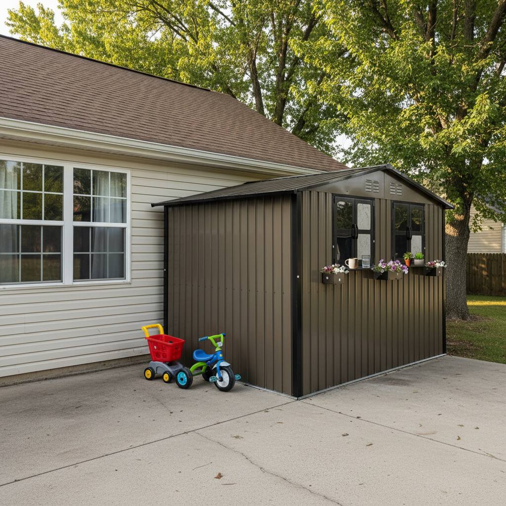 Angle. Anysun - 6x9 FT Outdoor Metal Storage Shed with Window & Flower Rack – Lockable Double Doors Tool Shed, Waterproof Weatherproof - Brown.