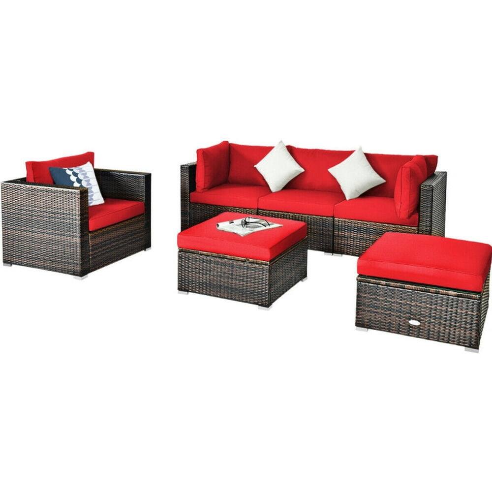 Alt View 4. Pefilos - 6 Pieces PE Rattan Furniture Set with Aluminum L-Shaped Footpads, Outdoor Conversation Set with Sectional Cushion - Red.