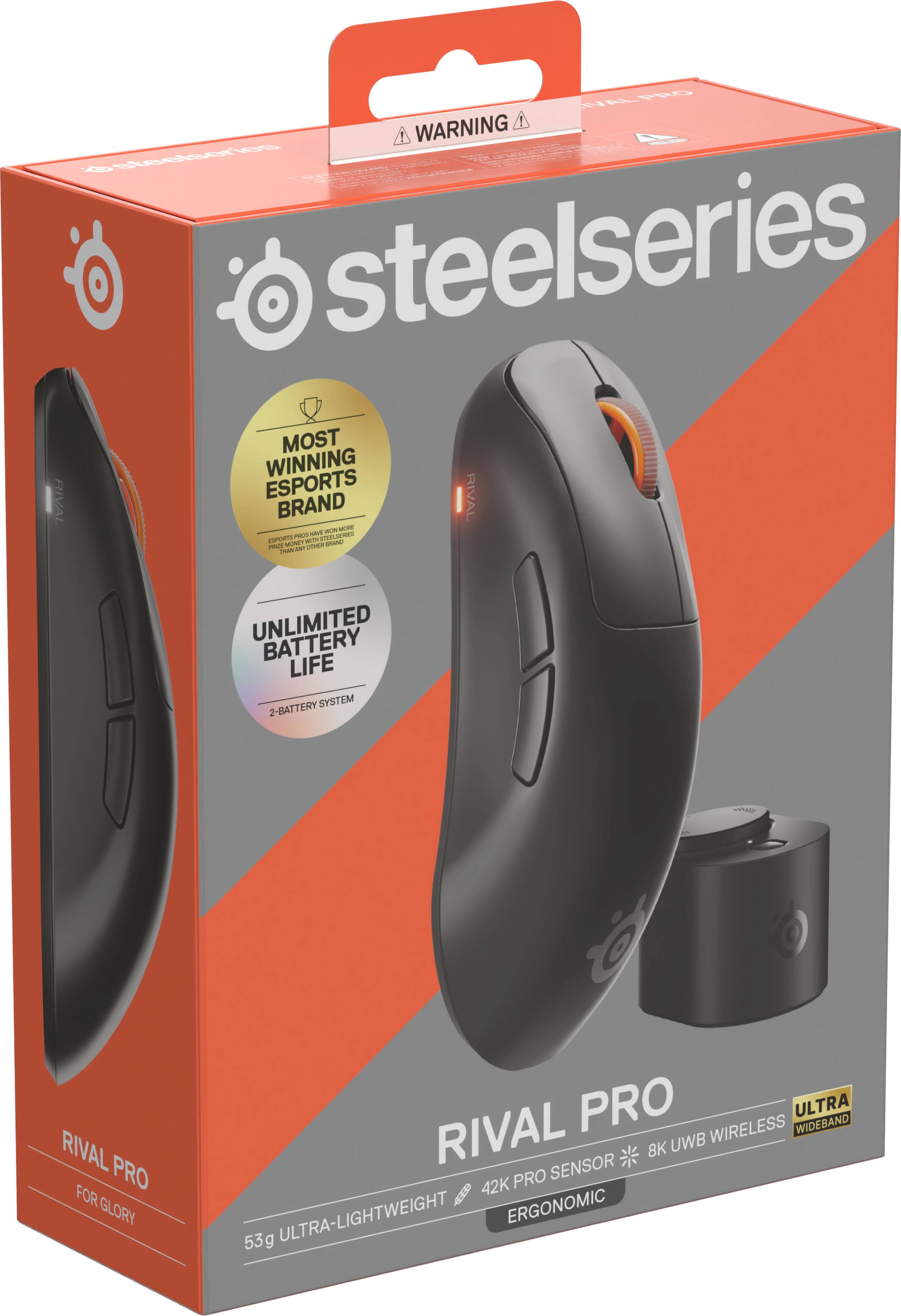 steelseries steelseries MOST WINNING ESPORTS RIVAL RIVAL BRAND MOXIC BON TIMPLESS PHOOSE MONE WIN BRAND POLICE SHAPV-AISH 
UNLIMITED BATTERY LIFE 2-BATTERY SYSTEM
SONY
RIVAL PRO FOR GLORY
RIVAL PRO WIRELESS ULTRA WIDEBAND 8K UWB PRO SENSOR 42K ULTRA-LIGHTWEIGHT ERGONOMIC 53g