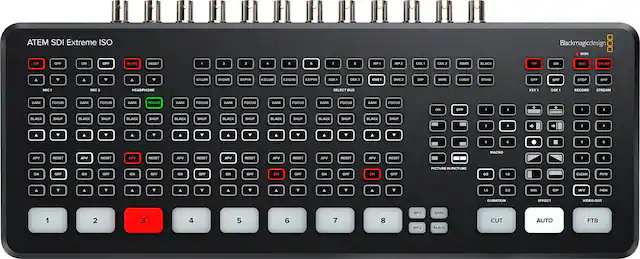 ATEM SDI Extreme ISO
ON OFF MUTE RESET
MIC1 MIC2 HEADPHONE
GAIN FOCUS
BLACK SHUT
1 2 3 4 5 6 7 8
MP1 MP2 COL COL2 BARS BLACK
DSK1 DSK2 DVE1 DVE2 DIP WIPE LOGO STING
KEY1 DSK1 RECORD STREAM
GAIN FOCUS
PICTURE IN PICTURE
0.5 10 CLEAN PVW
DURATION EFFECT
VIDEO OUT
CUT AUTO FTB
MP1 4M SRC BLACK CUT AUTO FTB
DISK ON
BBC ONAIR
KTLUM CHA KIPTN KELUM K2CHE 2PTN
DSX1
M/V POM
AFV RESET
MACRO 1
SELECT BUS
MIX DIP
M/V POM
DURATION EFFECT
VIDEO OUT
CUT AUTO FTB