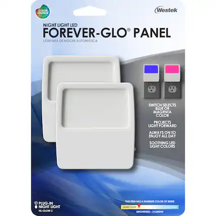 COLOR CHANGE
Westek NIGHT LIGHT LED
FOREVER-GLO PANEL
LÁMPARA DE NOCHE AUTOMÁTICA
SWITCH SELECTS BLUE OR MAGENTA COLOR
PROJECTS LIGHT FORWARD
ALWAYS ON TO ENJOY ALL DAY
SOOTHING LED LIGHT COLORS
PLUG-IN NIGHT LIGHT
NL-GLOW-2
THIS ITEM HAS A WARMER COLOR OF 3000K
WARM COLOR
COOL COLOR
BRIGHTNESS - 3 LUMENS