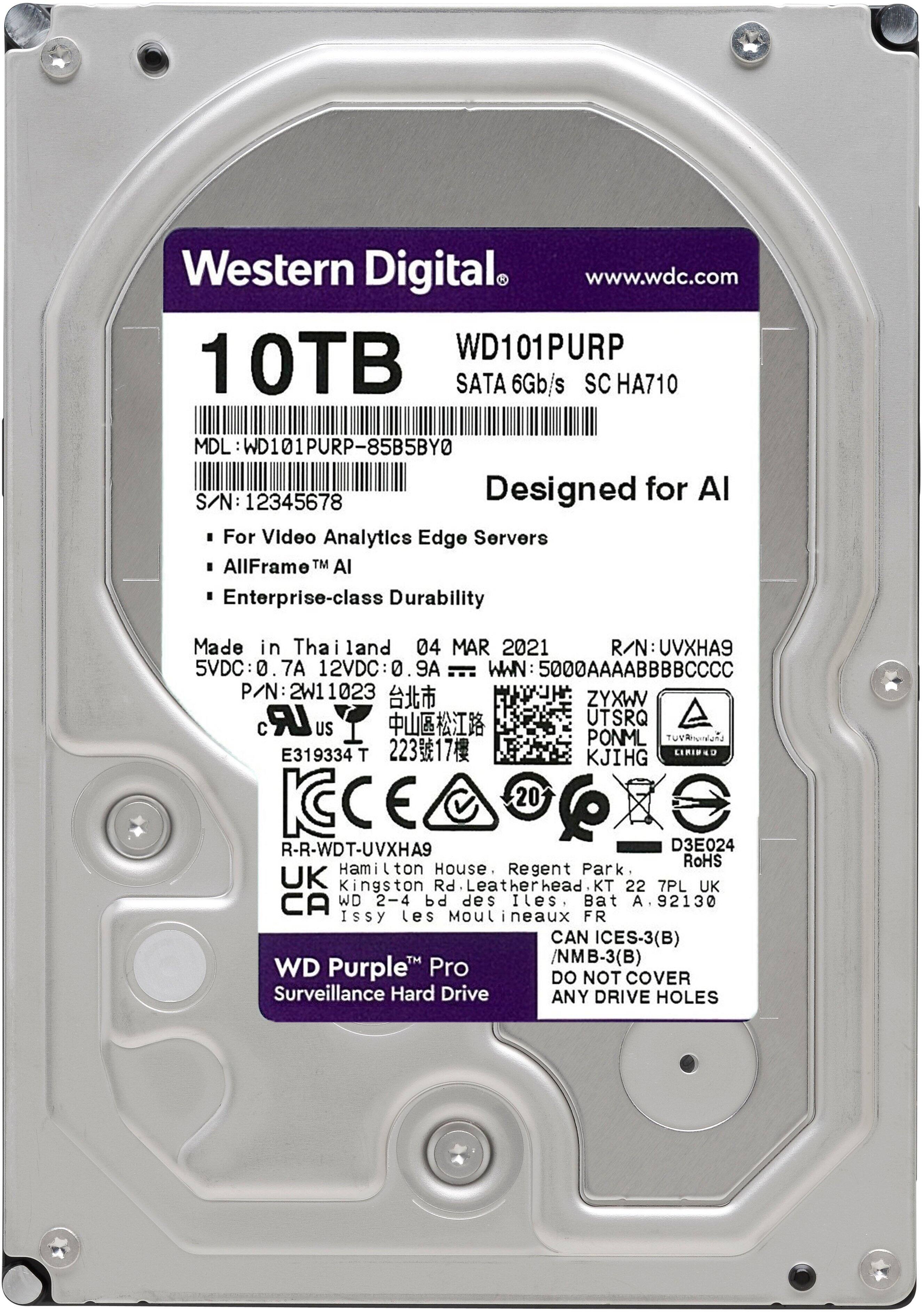 Western Digital www.wdc.com WD101PURP 10TB SATA 6Gb/s SC HA710 MDL WD101PURP-85B5BY0 Designed for AI S/N: 12345678 For Video Analytics Edge Servers AllFrame TM AI Enterprise-class Durability Made in Thailand 04 MAR 2021 R/N UVXHA9 5VDC 0 7A 12VDC:0 0 9A 1 WWIN: 5000AAAABBBBCCCC P/N 2W11023  ZYXWV LR UTSRQ C US PONML T E319334 T CERIPAD KJIHG CE 20 R-R-WDT-UVXHA9 D3E024 RoHS Hampton House. Regent Park UK Kingston Rd. Leatherhead. KT 22 7PL UK CA WD 2-4 bd des Iles Bat A. 92130 Issy es Moulineaux FR CAN ICES-3(B) TM Pro /NMB-3(B) WD Purple DO NOT COVER Surveillance Hard Drive ANY DRIVE HOLES
