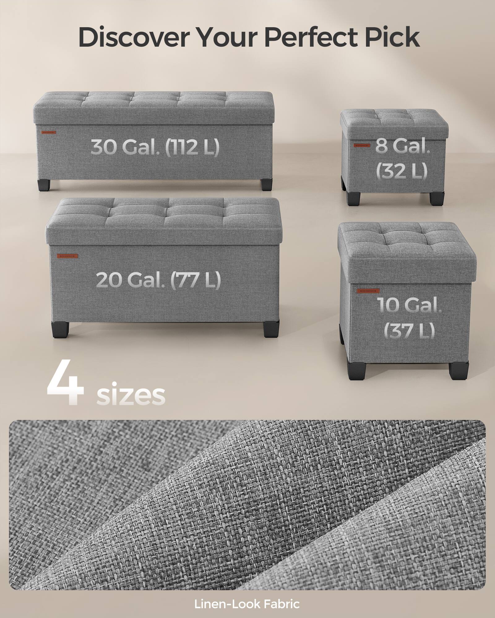 Discover Your Perfect Pick

30 Gal. (112 L)  
8 Gal. (32 L)  
20 Gal. (77 L)  
10 Gal. (37 L)  

4 sizes  

Linen-Look Fabric