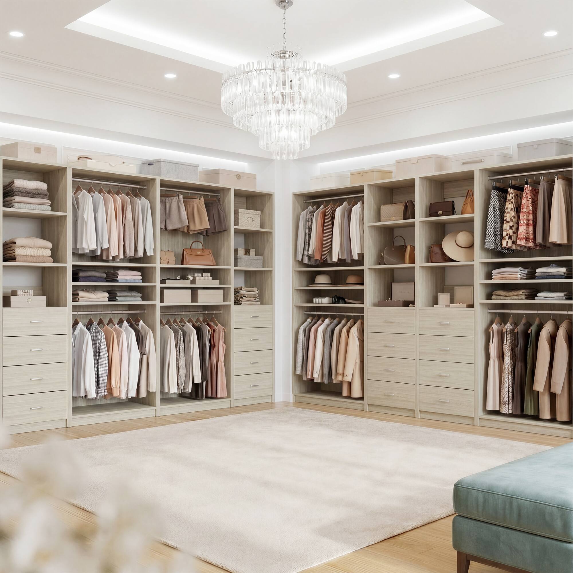 Back. Aheaplus - 114.6'' Wide Closet Organizer with 8 Drawers and 4 Hanging Rods, 4-Piece Set - Beige Oak.