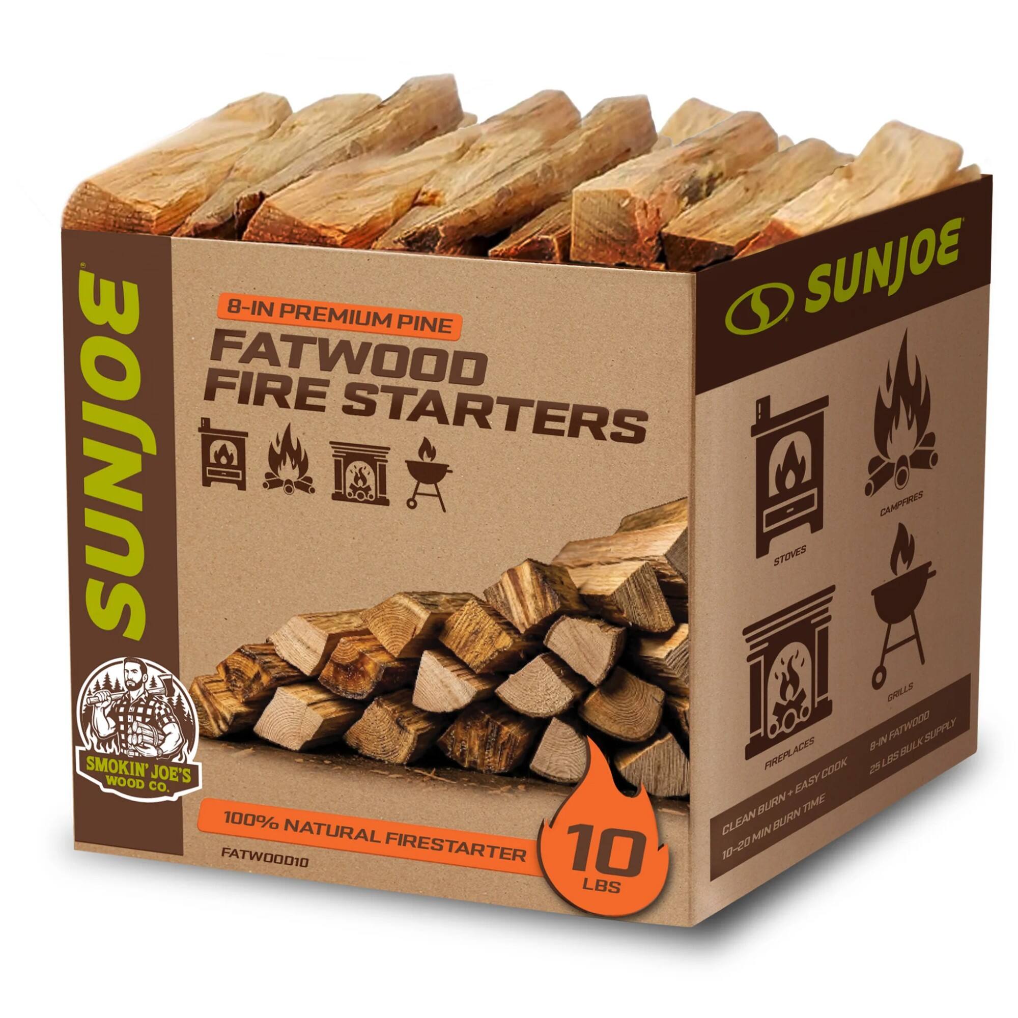8-IN PREMIUM PINE SUNJOE FATWOOD FIRE STARTERS  
SUNJOE  
SMOKIN' JOE'S WOOD CO.  
100% NATURAL FIRESTARTER  
FATWOOD  
10 LBS  
10-20 MIN BURN TIME