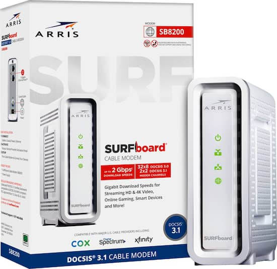 Front Zoom. ARRIS - SURFboard SB8200 32 x 8 DOCSIS 3.1 Gig-Speed Cable Modem - White.