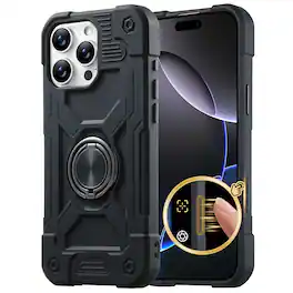 Dteck - for iPhone 16 Pro Max Case with Built-in Rotating Ring Stand, Camera Control Button Cover, Heavy Duty Shockproof Cover - Black