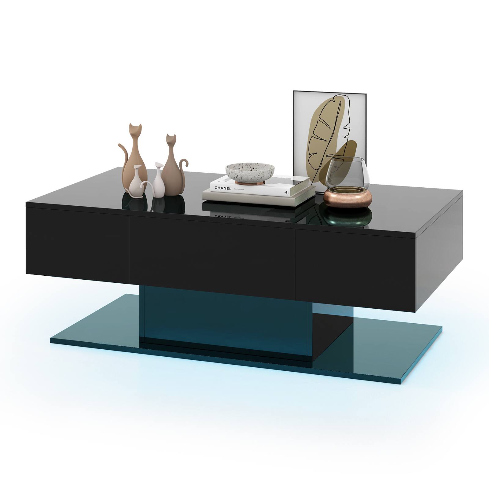 Ecooso - Modern LED Coffee Table with 20 Color Lights and Dual Storage Drawers, Smart Center Table - Black