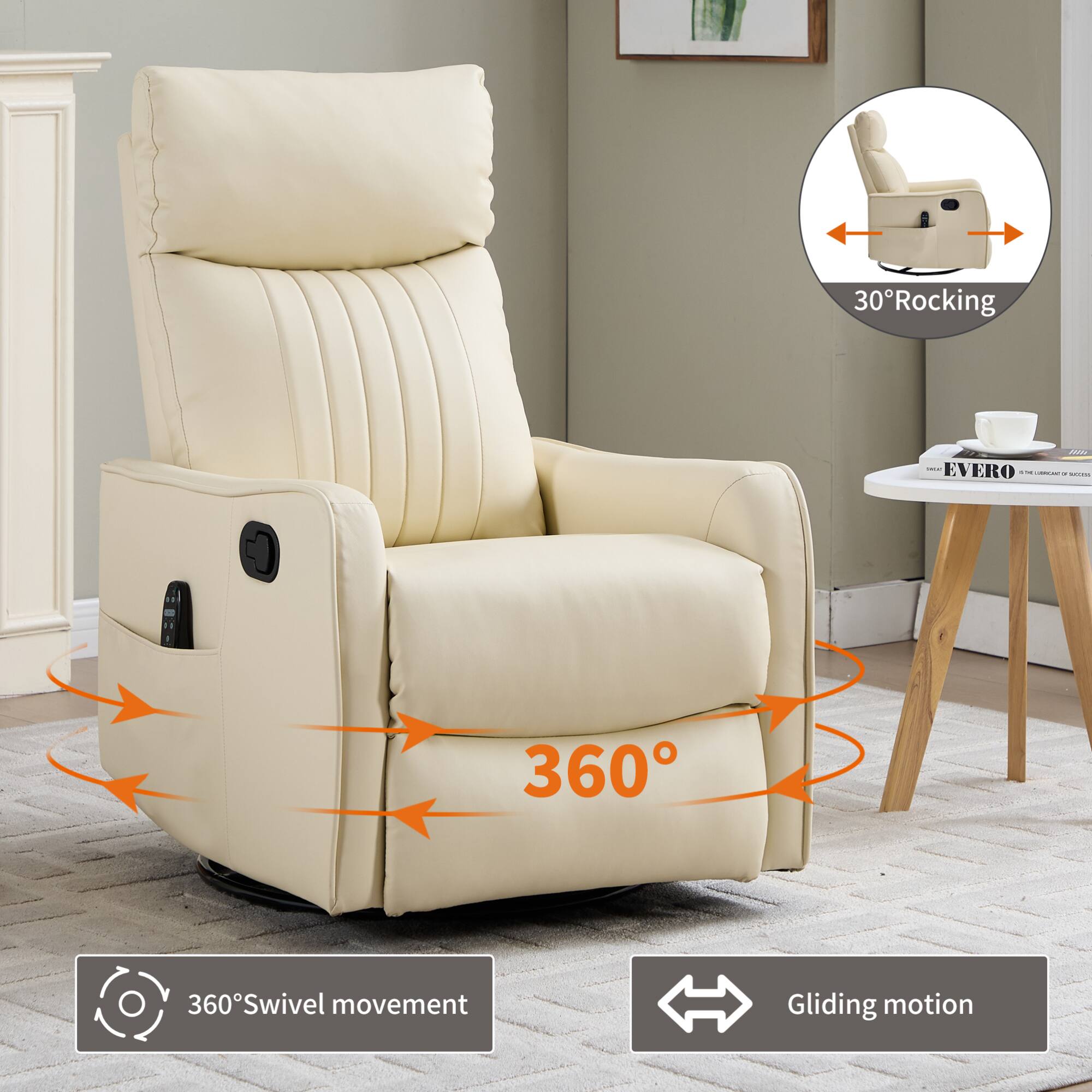 - 30° Rocking
- 360° Swivel movement
- Gliding motion