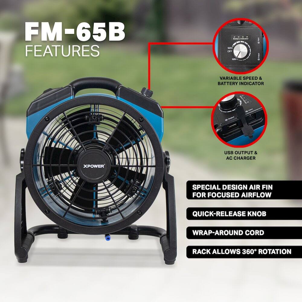 FM-65B FEATURES

- VARIABLE SPEED & BATTERY INDICATOR
- USB OUTPUT & AC CHARGER
- SPECIAL DESIGN AIR FIN FOR FOCUSED AIRFLOW
- QUICK-RELEASE KNOB
- WRAP-AROUND CORD
- RACK ALLOWS 360° ROTATION