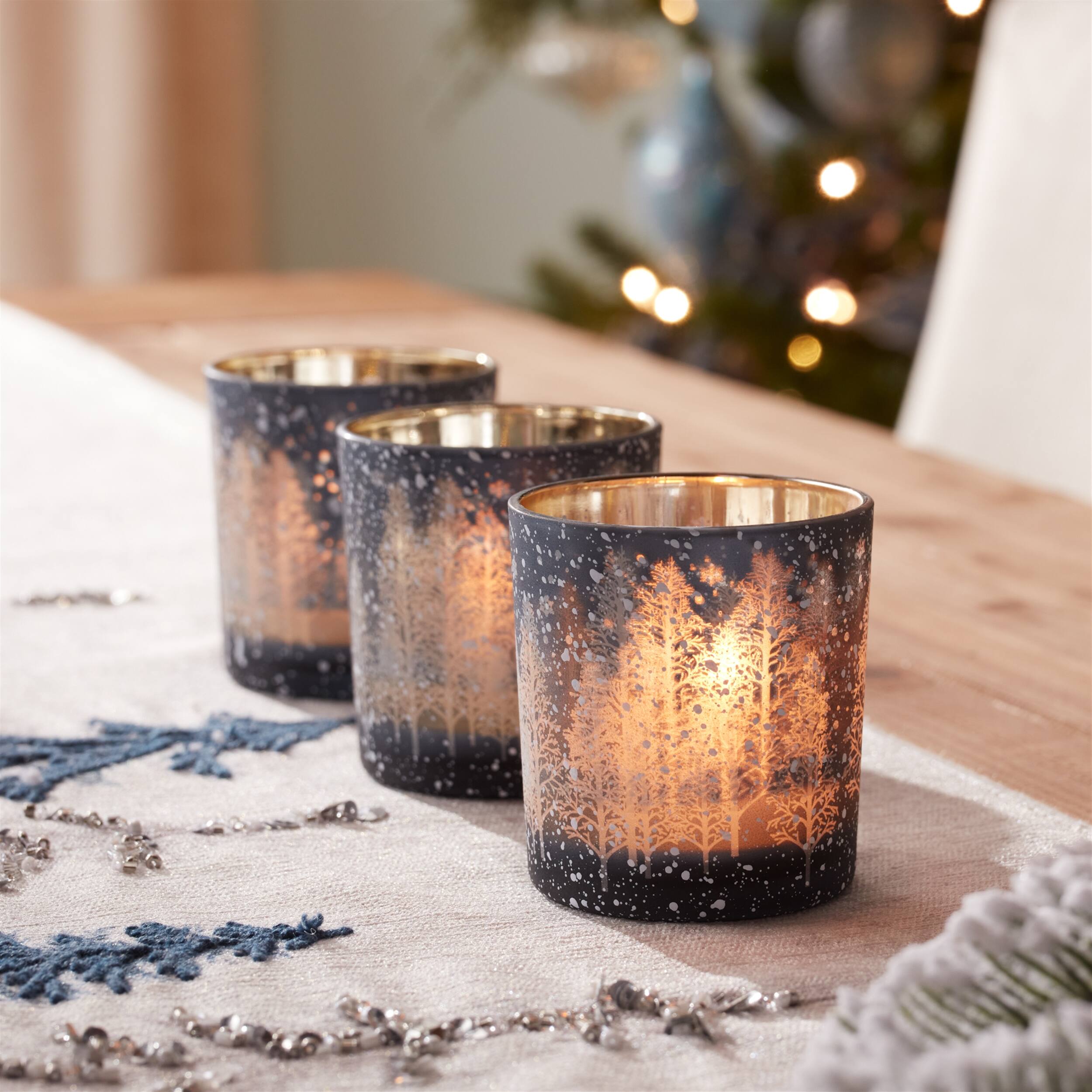 Angle. BreeBe - Navy Pine Tree Glass Votive Holder (Set of 3) - Blue, Gray.