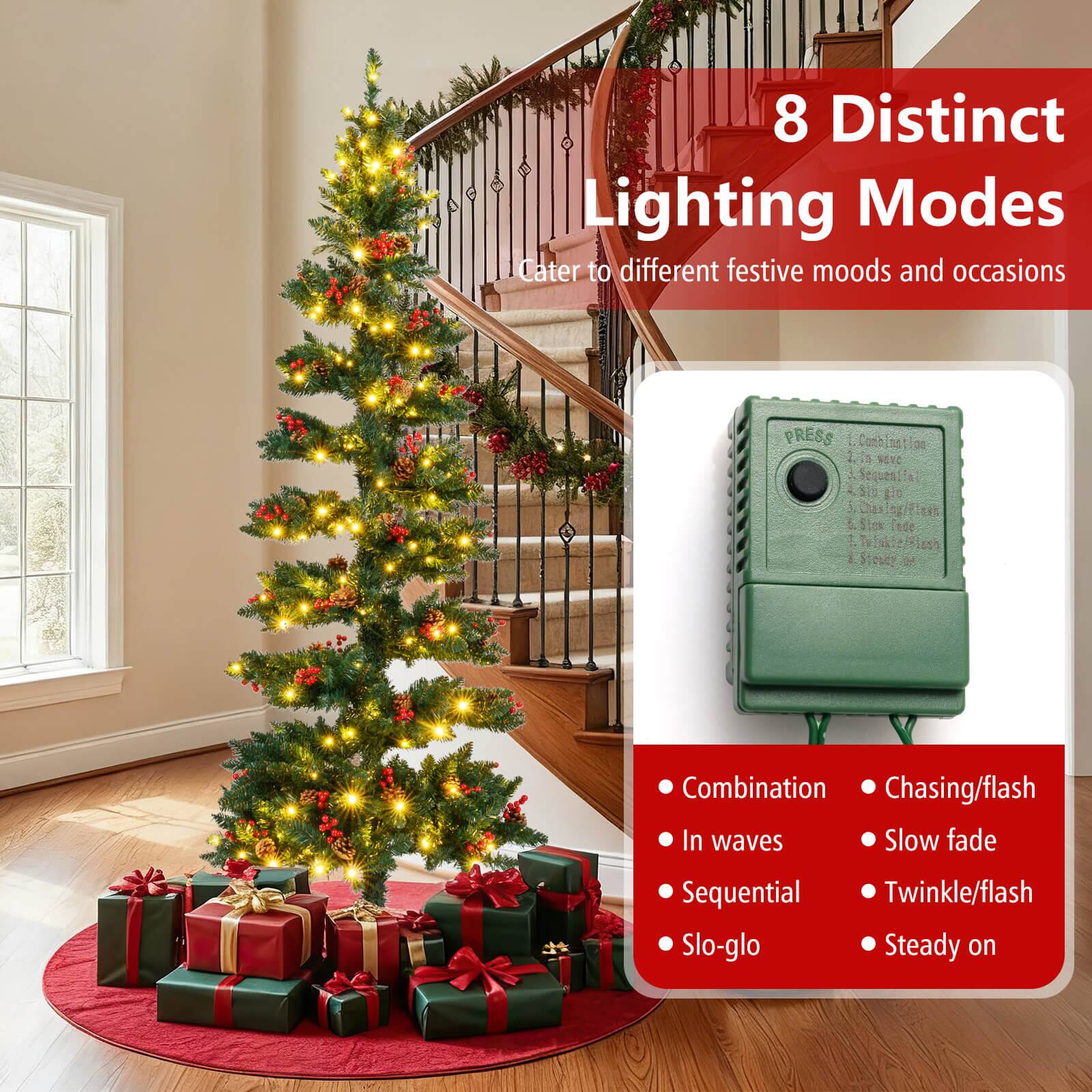 8 Distinct Lighting Modes  
Cater to different festive moods and occasions  

- Combination  
- In waves  
- Sequential  
- Slo-glo  
- Chasing/flash  
- Slow fade  
- Twinkle/flash  
- Steady on  

PRESS  
1. Combination  
2. In waves  
3. Sequential  
4. Slo-glo  
5. Chasing/flash  
6. Slow fade  
7. Twinkle/flash  
8. Steady on