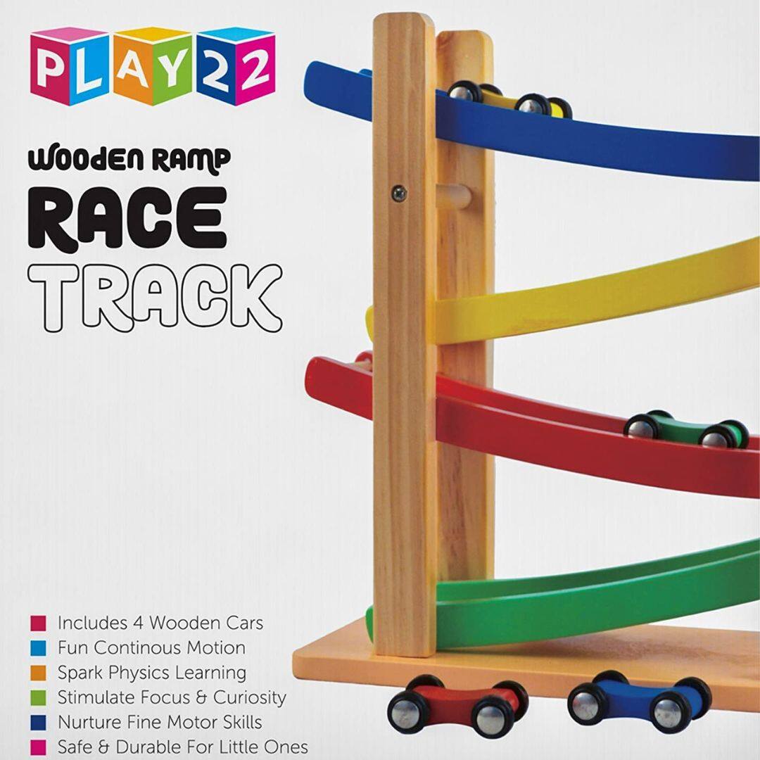 PLAY22  
WOODEN RAMP RACE TRACK  

- Includes 4 Wooden Cars  
- Fun Continuous Motion  
- Spark Physics Learning  
- Stimulate Focus & Curiosity  
- Nurture Fine Motor Skills  
- Safe & Durable For Little Ones
