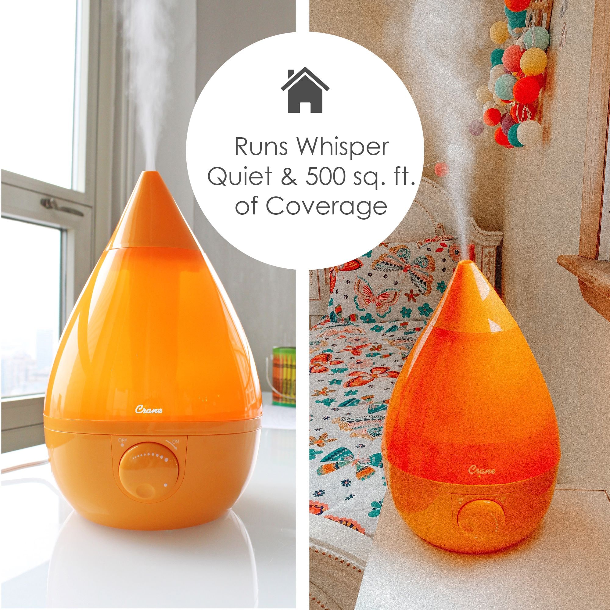 The image features two pictures of an orange air purifier, one of which is placed in a bedroom setting. The air purifier is designed to run quietly and provide coverage of up to 500 square feet. The product is made by Crane, a well-known brand in the market. The air purifier is placed on a table, and it is surrounded by various items such as a cup, a bowl, and a vase. The scene also includes a bed, a chair, and a clock, creating a cozy and comfortable atmosphere in the bedroom.