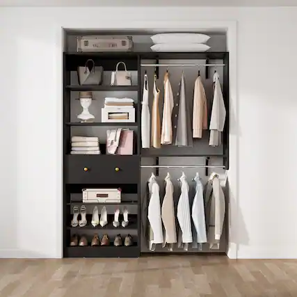 Front. Aheaplus - Reversible 5FT Wood Closet Organizer System with Drawer, 2 Hanging Rods, and Adjustable Shelf, Wall Mounted - Black.