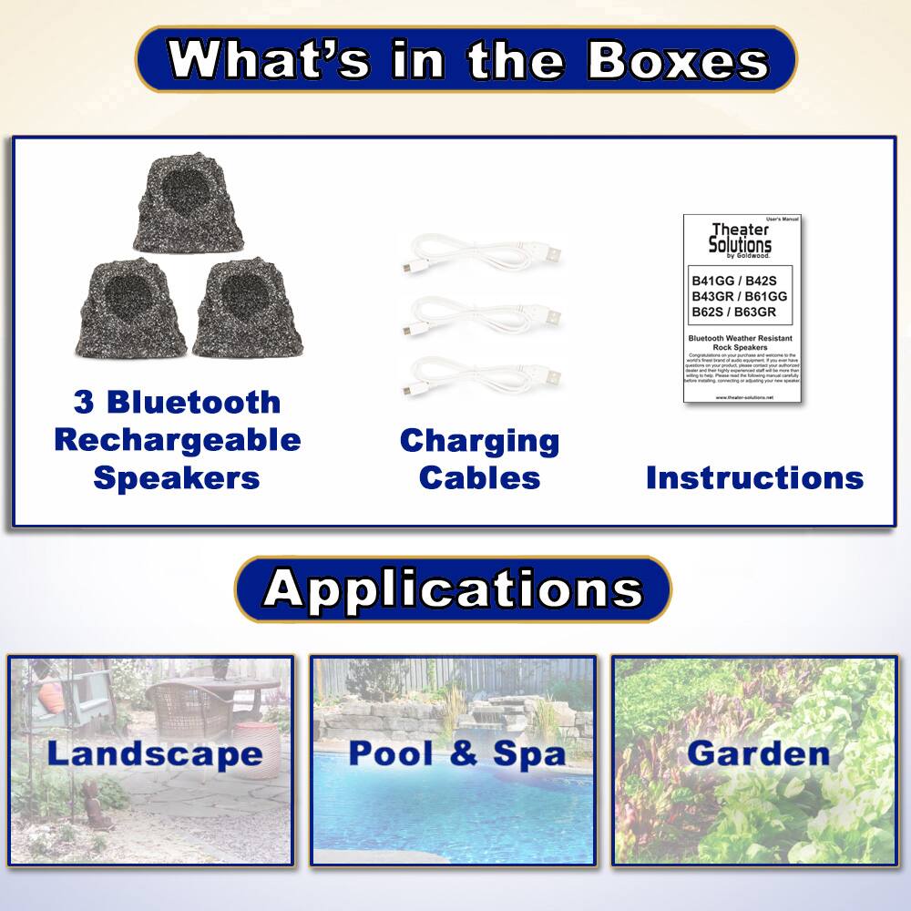 What's in the Boxes

- 3 Bluetooth Rechargeable Speakers
- Charging Cables
- Instructions

Applications

- Landscape
- Pool & Spa
- Garden

Theater Solutions  
B41GG / B42S / B43GR / B61GG / B62S / B63GR  
Bluetooth Weather Resistant Rock Speakers