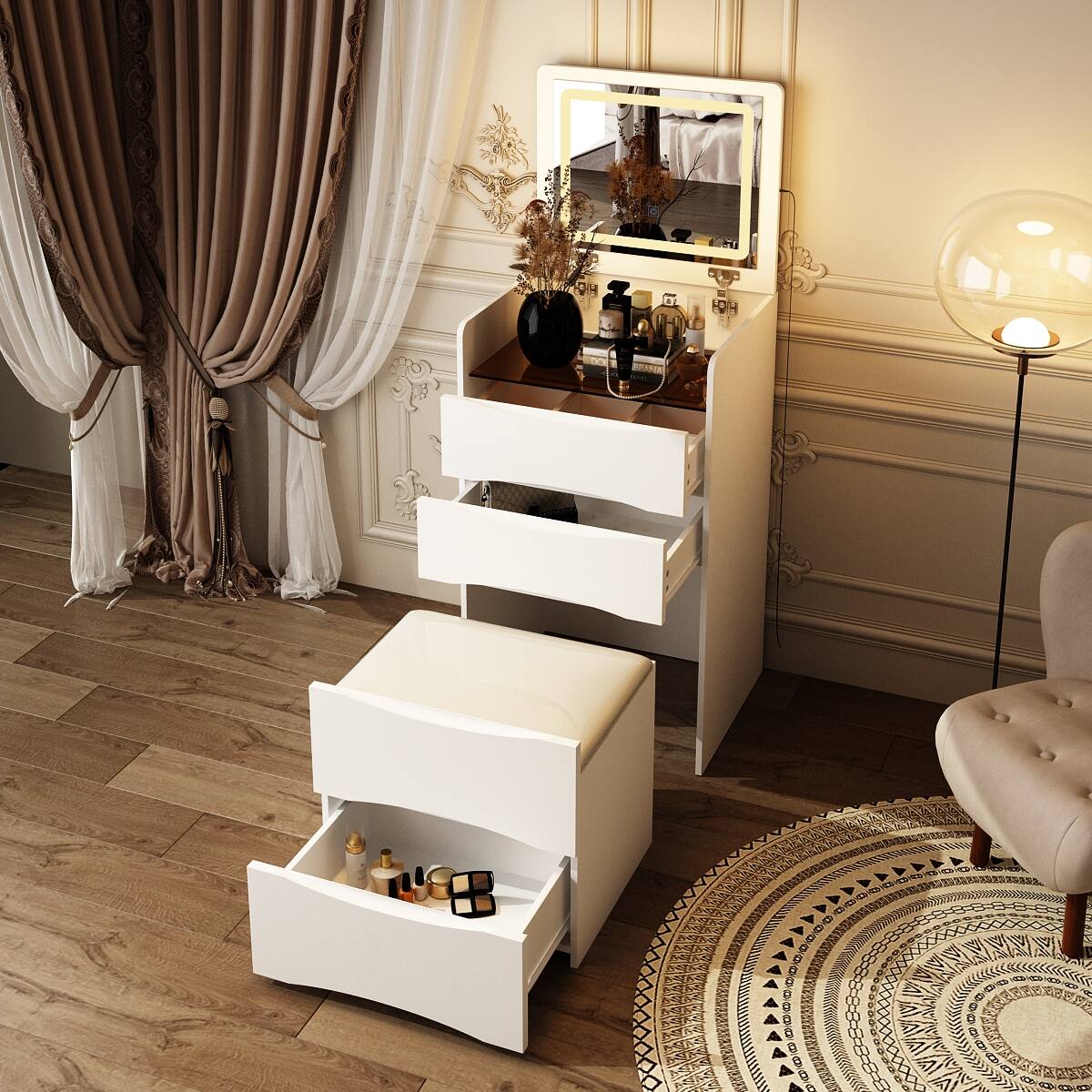 Alt View 10. Famapy - 3-in-1 Flip-Top Vanity Desk: Space-Saving LED Makeup Station, Nightstand & Desk with Storage Stool - White.