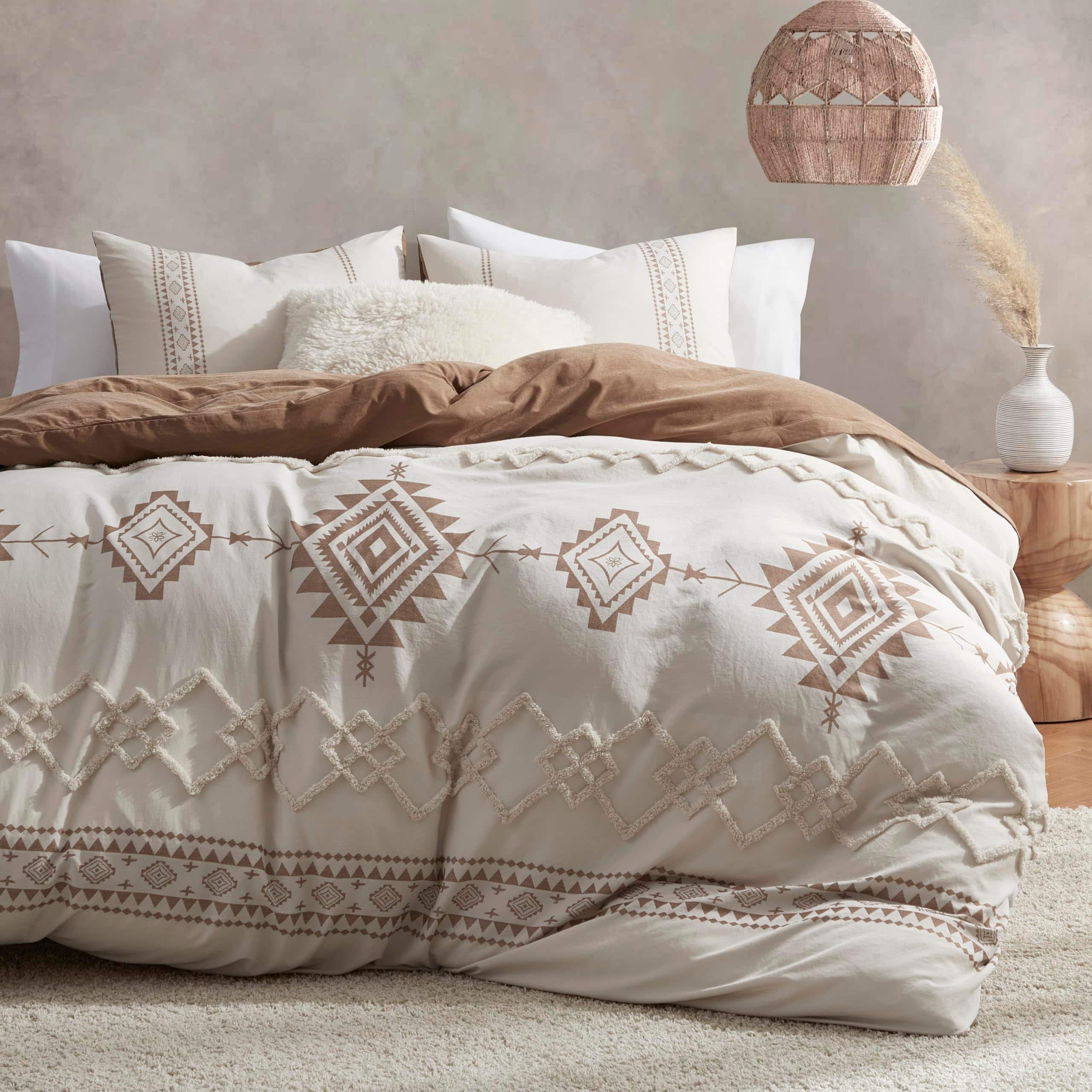 Earthley Blooms - Boho Duvet Cover Set And Color Clash 3 Pieces Microfiber Bedding Durable Super Soft Covers With Zipper Ties - Beige&terracotta-King