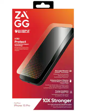 ZA GG INVISIBLE SHIELD XTR3 Protect with Hexiom Impact Technology Protection grce la technologie Hexiom Impact Blue Light Filtration 60 Eyesafe Technology Filtration de la lumire bleue grce la technologie Eyesafe Enhances Colour Vibrancy Intense Black, True Blues, Vibrant Reds Amliore l'clat des couleurs, avec des noirs intenses, des bleus authentiques et des rouges clatants For/Pour: iPhone 15 Pro Precise Installation with EZ Apply Tray Installation prcise grce au plateau EZ Apply 10X Stronger our most advanced tempered glass 10 fois plus rsistant que notre verre tremp le plus avanc