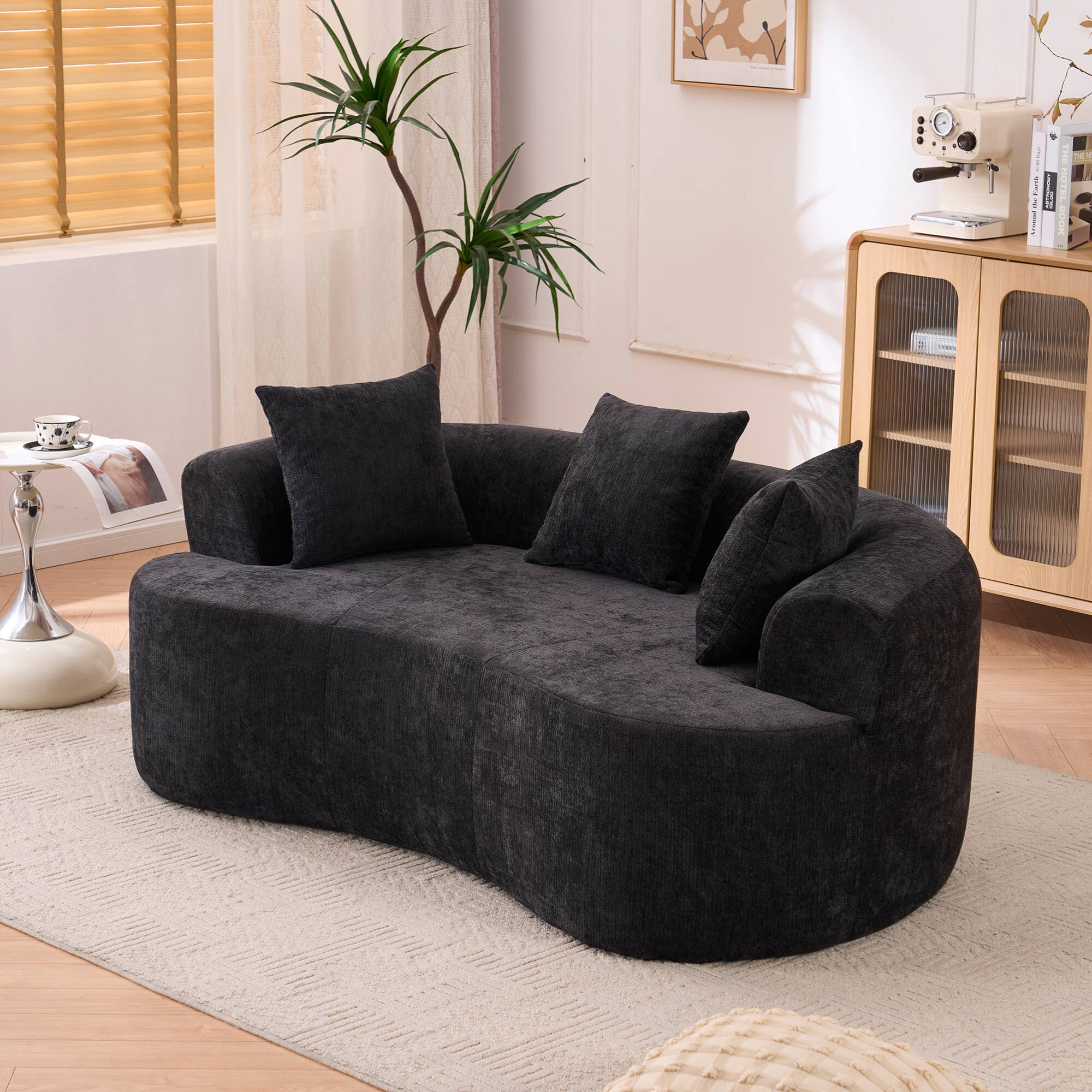 Alt View 1. GOODSILO - Modern Crescent-Shaped Sofa with Deep Cushions and Self-Inflating Foam, Three-Seater Design for Ultimate Comfort - Black.