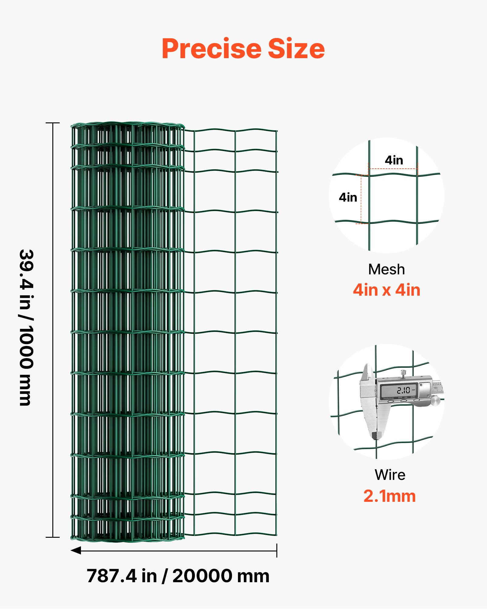 Precise Size  
4in  
39.4 in / 1000 mm  
Mesh  
4in x 4in  
Wire  
2.1mm  
787.4 in / 20000 mm