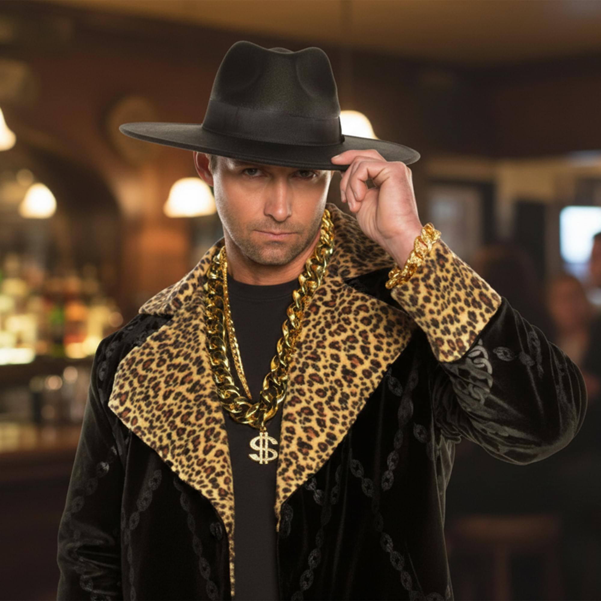 Alt View 10. Underwraps - Pimp 4-Piece Adult Costume Accessory Kit | Black Hat & Chains - Black.