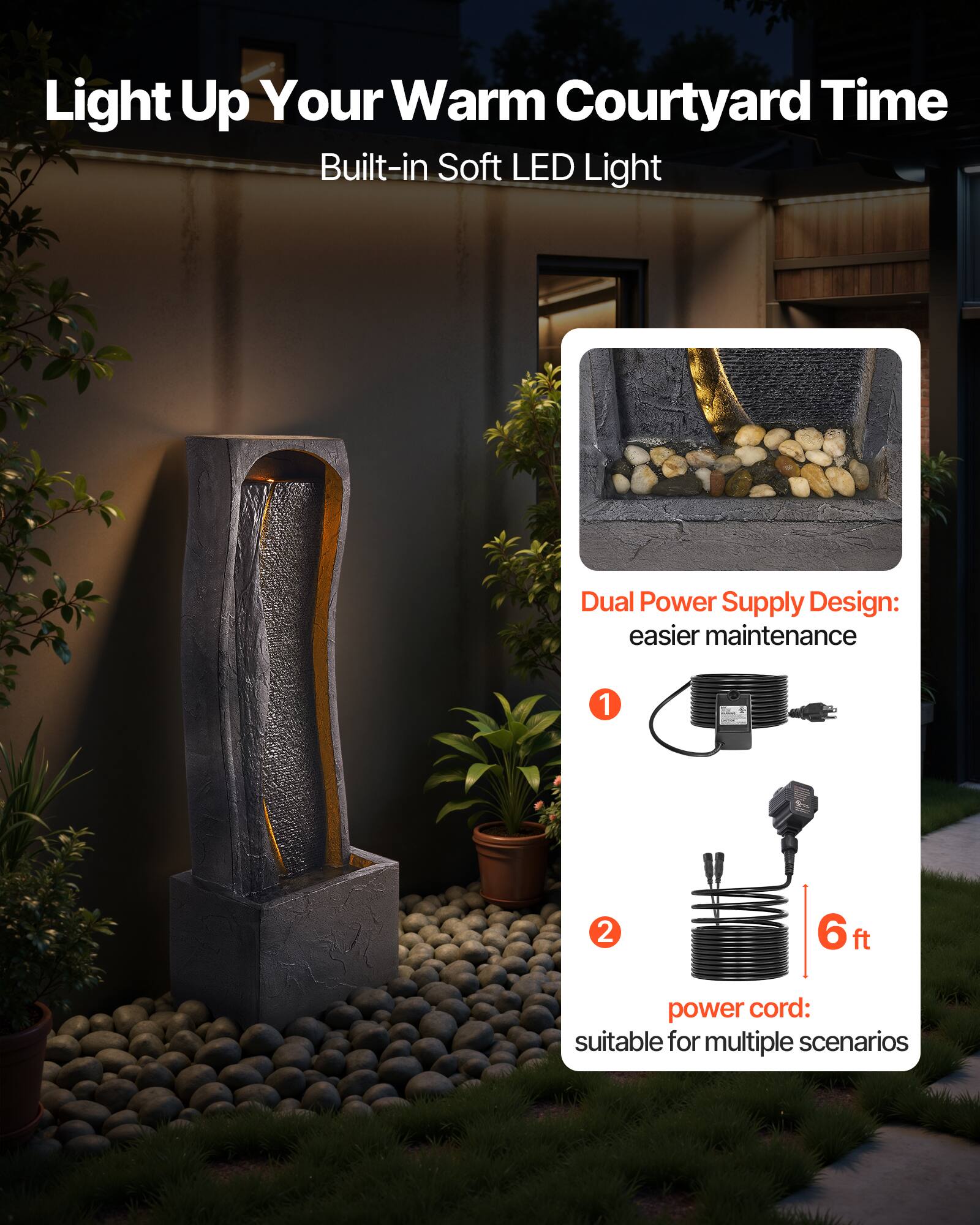 Light Up Your Warm Courtyard Time  
Built-in Soft LED Light  

Dual Power Supply Design: easier maintenance  

1. Power cord: suitable for multiple scenarios  
   6 ft