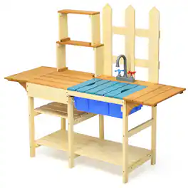 Costway - Kid's Wooden Mud Kitchen Pretend Cook Playset Toy For Children - Natural