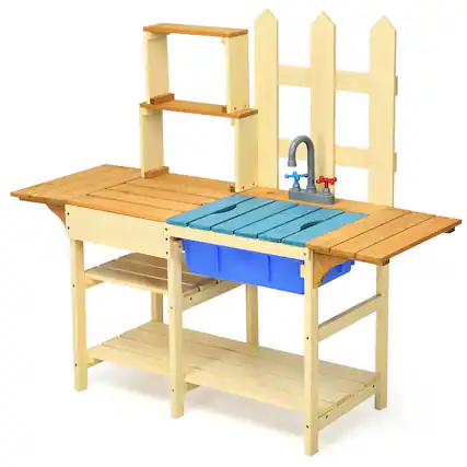 Front. Costway - Costway Kid's Wooden Mud Kitchen Pretend Cook Playset Toy For Children - Natural.