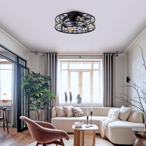 Alt View 4. LUCKY ONE - 20" Caged Flush Mount Ceiling Fan with Light Remote 6-Speed DC Motor - Matte Black.