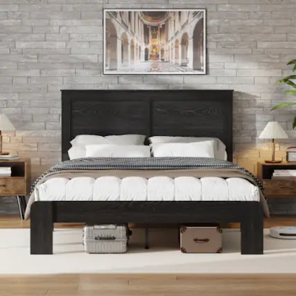 Front. LUCKY ONE - Queen Size Wood Platform Bed Frame with Metal Frame, Industrial Style, Wood Slats, No Box Spring Needed - Antique Black,Queen.