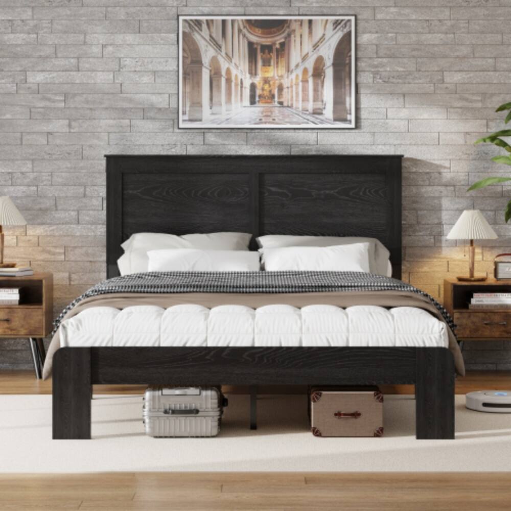 LUCKY ONE - Full Size Wood Platform Bed Frame with Metal Frame, Industrial Style, Wood Slats, No Box Spring Needed - Antique Black,Full