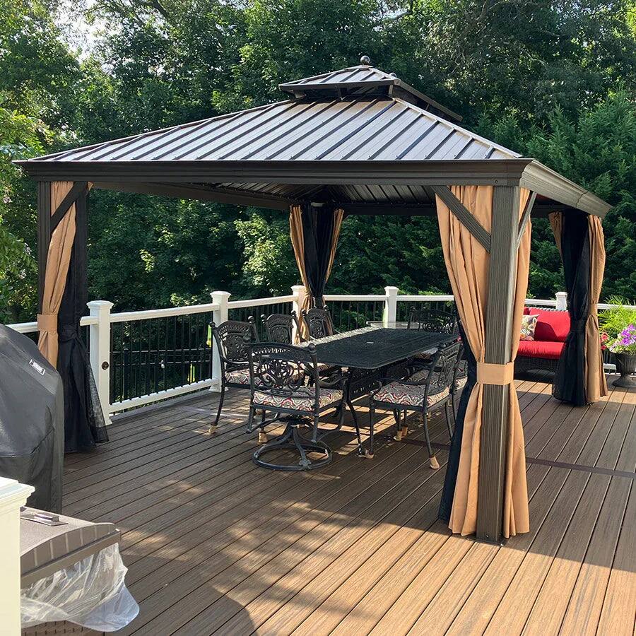 Alt View 1. PURPLE LEAF - 12' X 14' Outdoor Aluminum Hardtop Gazebo with Metal Double Roof with Netting and Curtains, Khaki Permanent Pavilion - 12' X 14'.