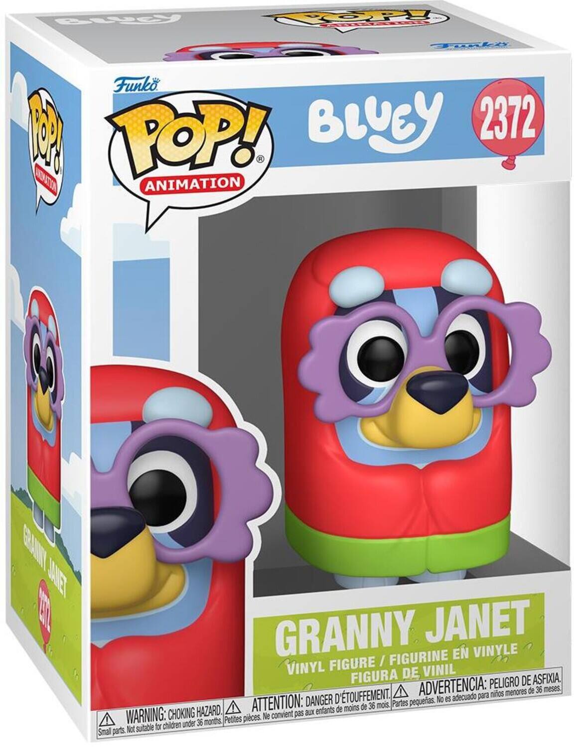 BLUCY  
gop!  
Funko POP! 100 POP! BLUEY 2372 ANIMATION  
GRANNY JANET GRANNY JANET FIGURINE EN VINYLE FIGURE / VINYL DE VINIL FIGURA DE VINIL  
PELIGRO DE ASFIXIA. 'TOUFFEMENT, ADVERTENCIA: adecuado para niños menores de 36 meses. ATTENTION: DANGER D Partes, pequeñas. No es HAZARD. enfants de moins de 36 mois, WARNING: CHOKING convient pas aux Petites pices. Ne for children under 36 months Small parts. Not suitable
