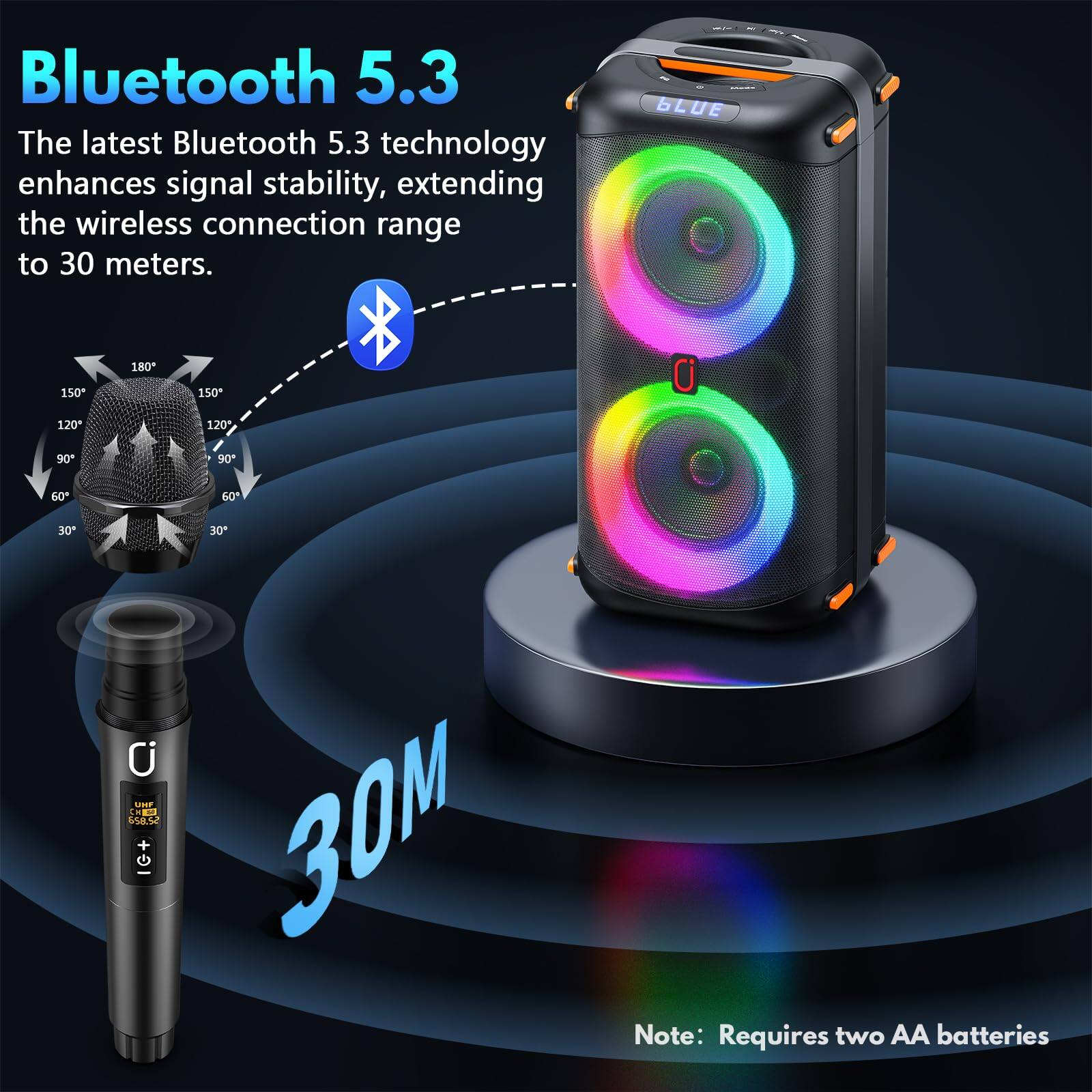 Bluetooth 5.3  
The latest Bluetooth 5.3 technology enhances signal stability, extending the wireless connection range to 30 meters.

30M

Note: Requires two AA batteries
