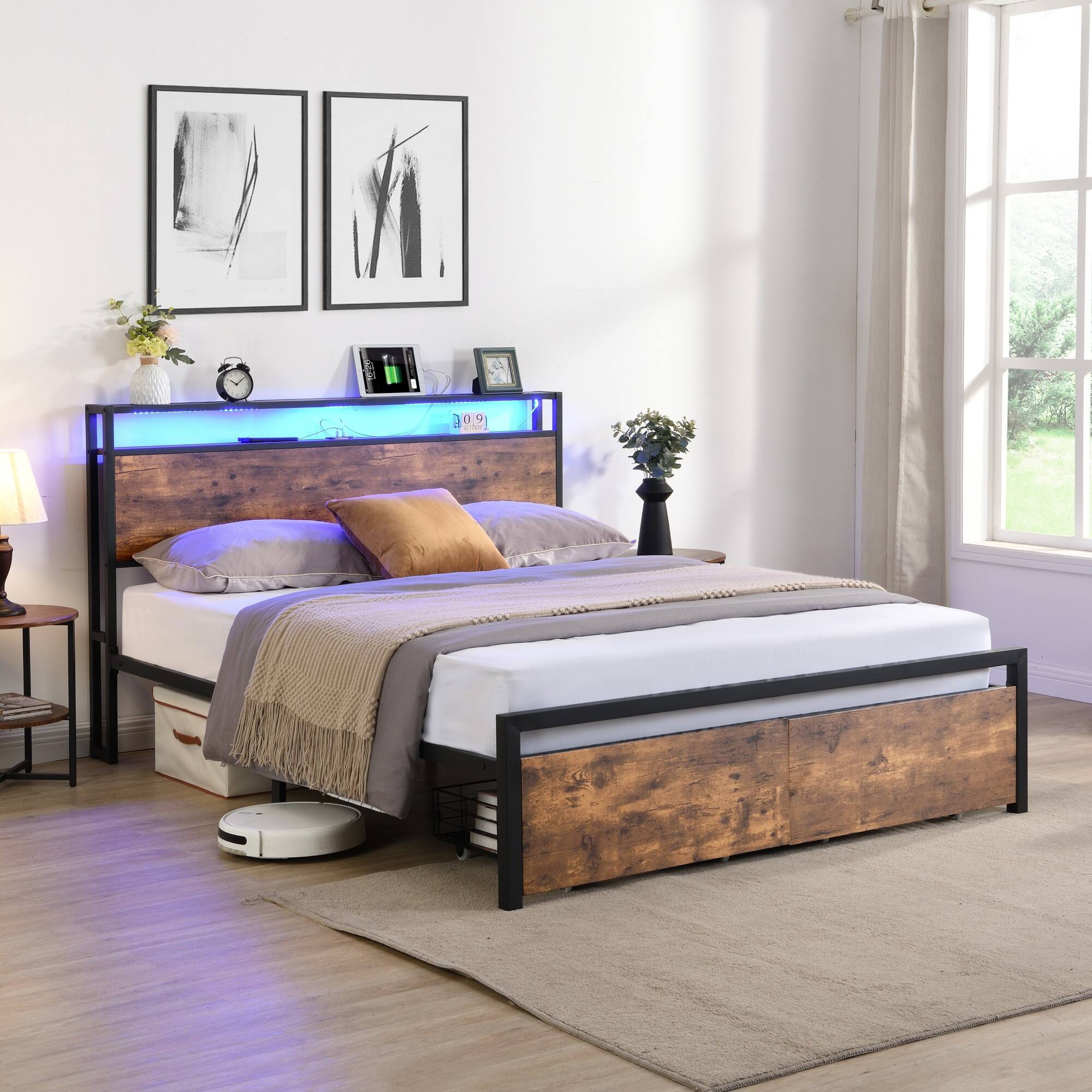 Alt View 1. Boyel Living - Queen Size Industrial Bed Frame with Storage Headboard LED Lights Charging Station and 2 Underbed Drawers - Black.