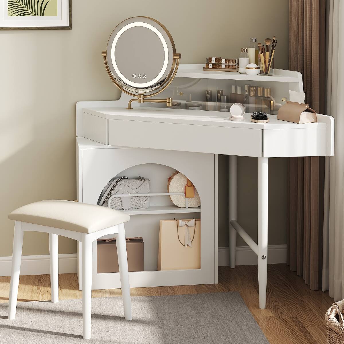 Alt View 4. Loheer - Loheer Corner Makeup Vanity Desk with LED Mirror, White Vanity Set with Stool - White.