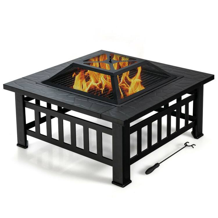 Front. Mondawe - 32 Inch 3 in 1 Outdoor Square Fire Pit Table with BBQ Grill and Rain Cover for Camping - Black.