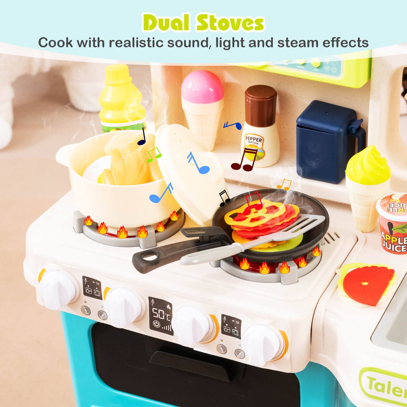 Dual Stoves  
Cook with realistic sound, light and steam effects  

1 PEPPER  
JICE PLE APPLE JUICE - 50c  

Tale